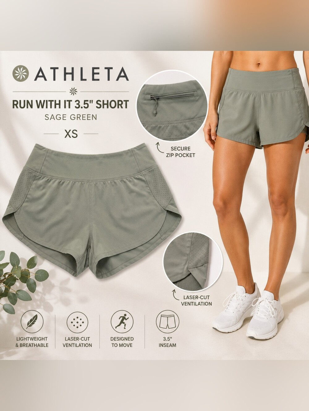 Athleta Run With It 3.5" Short - Sage Green